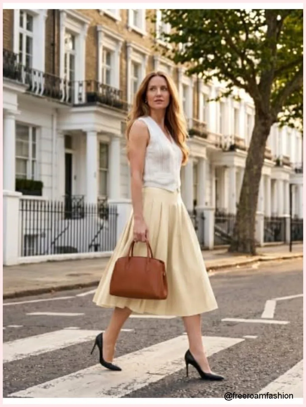High Waist Pleated Midi Skirt with Pockets A-Line Flared Work Skirt